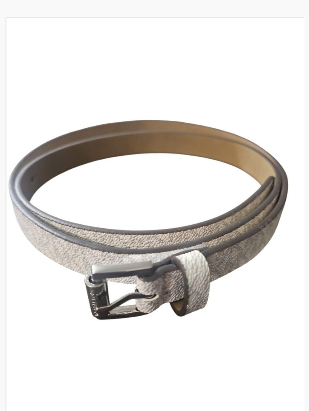 Michael Kors 556334C White Gray Monogram Logo Print Skinny Belt Silver Buckle